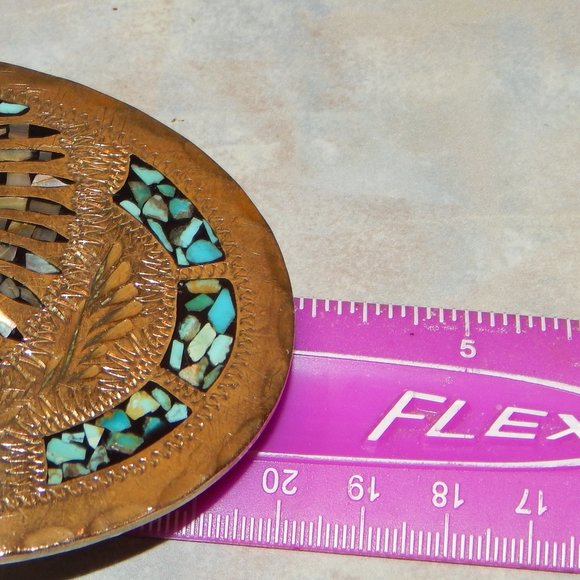 Artisan Crafted Turquoise & Coral Chip Inlay Native Chief Belt Buckle - Picture 8 of 9